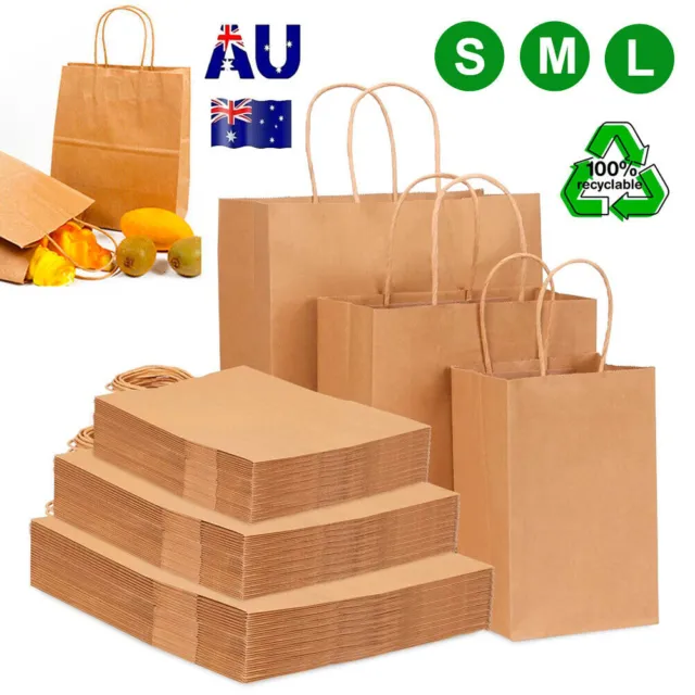 50 Brown Kraft Paper Bags Gift Shopping Carry Craft Retail Bag with Handle S M L