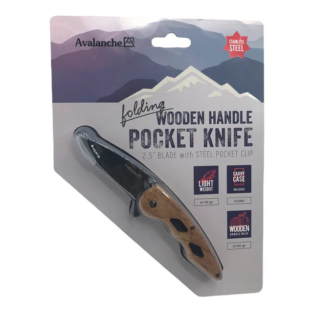 AVALANCHE WOODEN HANDLE Pocket Knife 2.5" Blade With Steel Pocket Clip