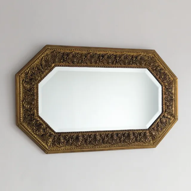 Repousse Brass Framed Mirror with Shell Design, Wall Hanging, Antique