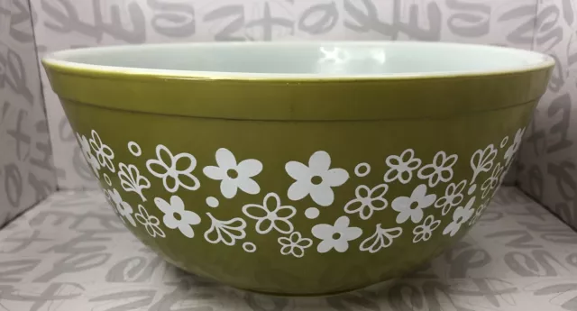 Vintage Pyrex 403 2½ QT Mixing Bowl Olive Green Spring Blossom Crazy Daisy 2