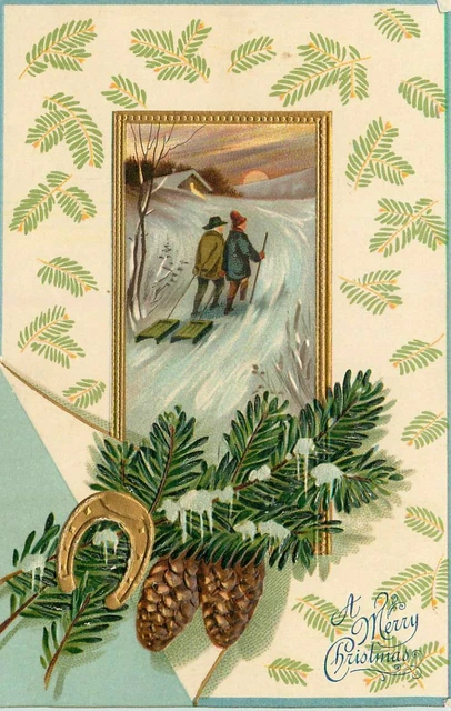 Postcard Christmas Horseshoe Pine Cones Branch Farmers Snow Tow Sled Embossed