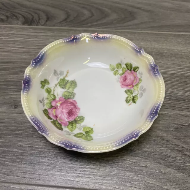 Vtg PK Silesia Germany Hand Painted Bowl - Pink Roses with Green Border