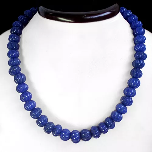 Finest Top Quality 500.00 Cts Natural Carved  Blue Sapphire Round Beads Necklace