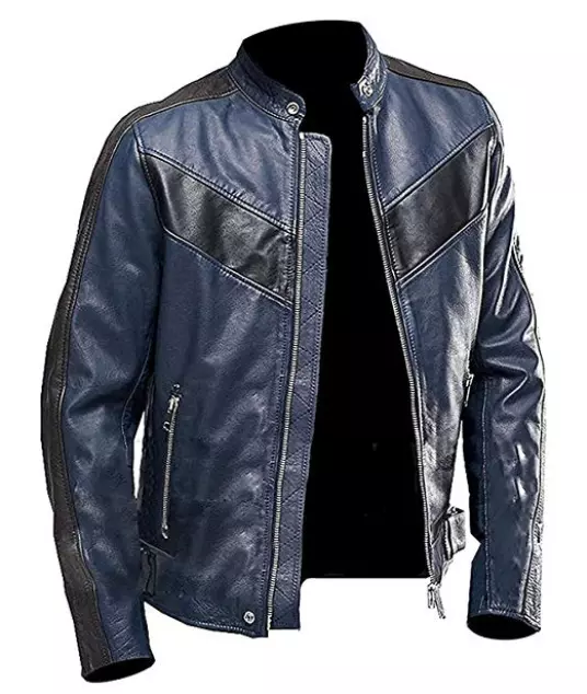 Giacca da motociclista classica Blue Cafe Racer New Uomo Nuovo Arrivo Vera Pelle