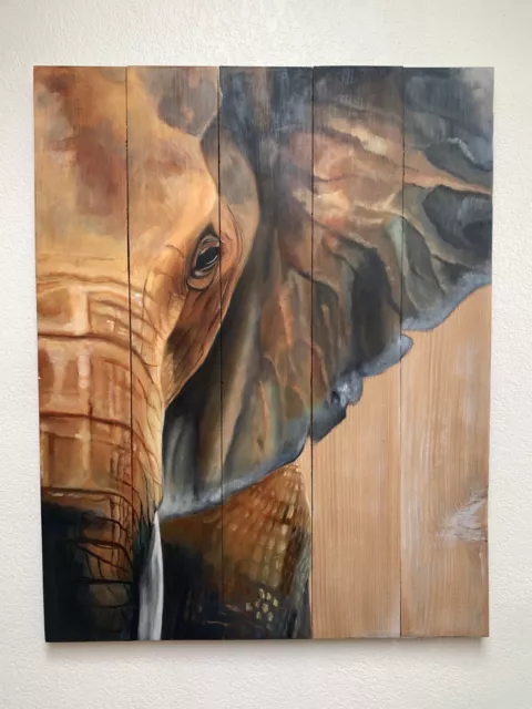 Unique, Large Elephant Original Painting In Blue, Yellow, Orange On Wood.