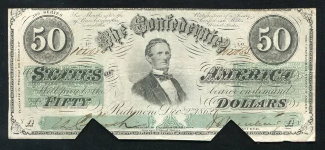 T-50 1862 $50 Fifty Dollars Csa Confederate States Of America Currency Note Vf