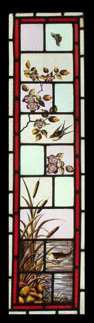 Beautiful Painted English Antique Bird & Butterfly Stained Glass Window