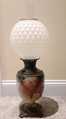 Antique 1800's Hand Painted Floral Victorian Porcelain GWTW Banquet Table Lamp
