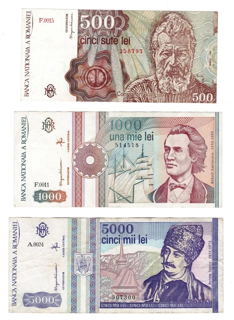 LOT OF THREE 1991-93 ROMANIA 500-5000 LEI NOTES - p98-104 VF/XF