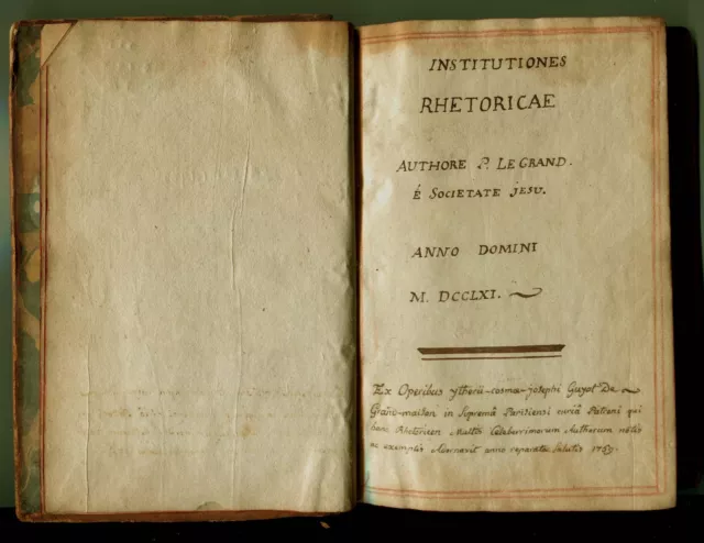 INSTITUTIONES RHETORICAE P LeGrand S J jesuit leatherbound handwritten 1769