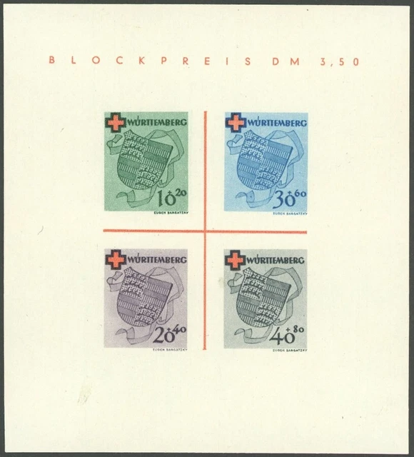 WÜRTTEMBERG 1949, Bl. Rotes Kreuz, Type IV: roter Doppelpunkt unter R in Bl.