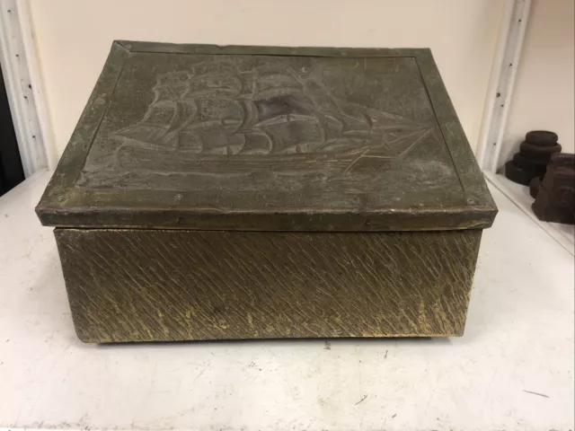 Old Gold Brass Embossed Log Large Firebox Coal Scuttle Shaped Storage Box Ship