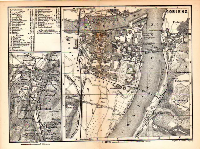 COBLENZ Germany Genuine Antique Map, Plan; c1885