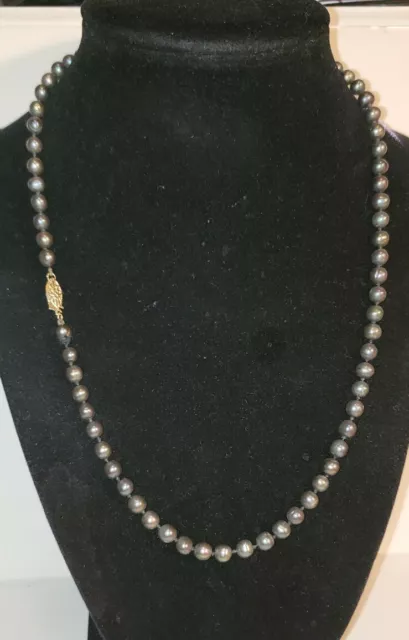 Vintage Pjs 14K Yellow Gold Luster Black Grey Cultured Pearl Bead Necklace 18"