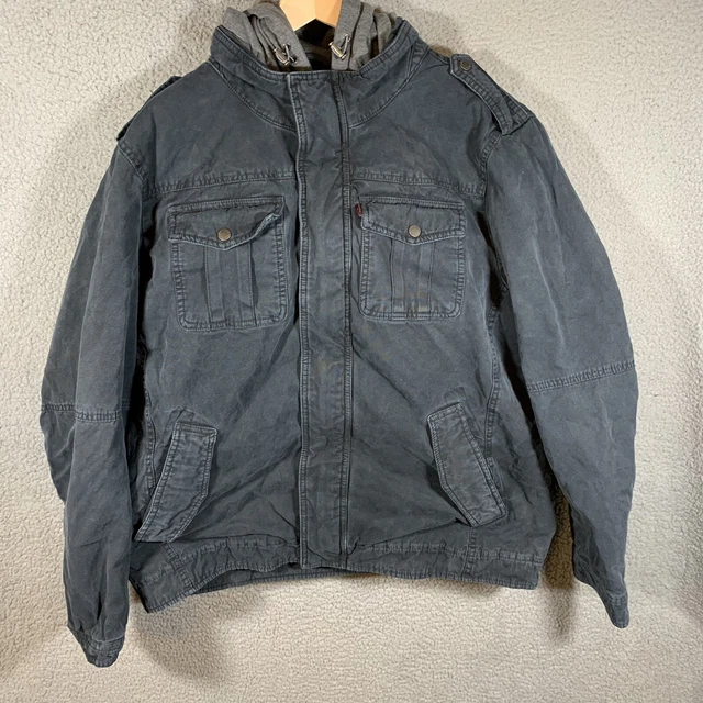 Levi's Quilted Lined Trucker Jacket Hoodie Black Full Zip Snap Mens Size XL