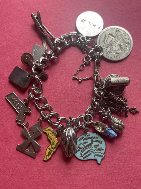 Charm Bracelet with 15 Sterling Charms, wedding, Cablecar, Scissors 6.5 inches