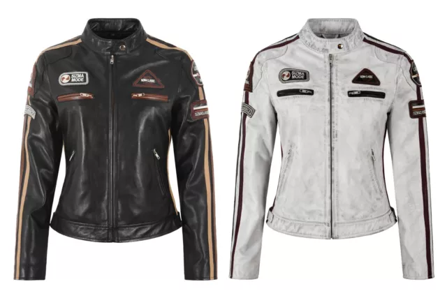 SIZMA Ladies Leather Jacket Classic Retro Motorcycle Racer Style Vintage Jacket