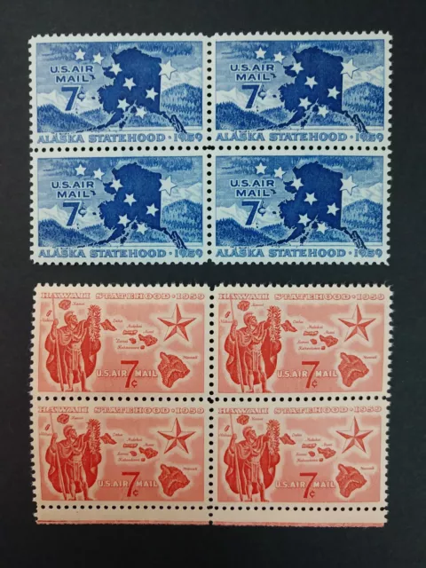 US 1959 Air Mail #C53 Alaska Statehood, C55 Hawaii Statehood Blocks of 4 MNH