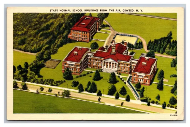 Oswego NY State Normal School Buildings Aerial Air View Linen Postcard Post 1941