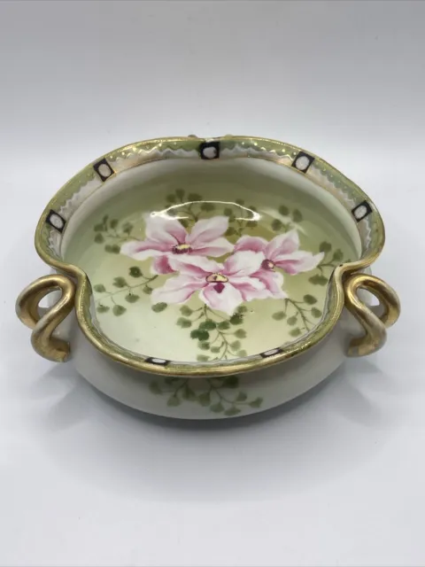 Hand Painted Nippon 3 Handle Bowl - Pink Roses - Moriage Gold Gilt Trim