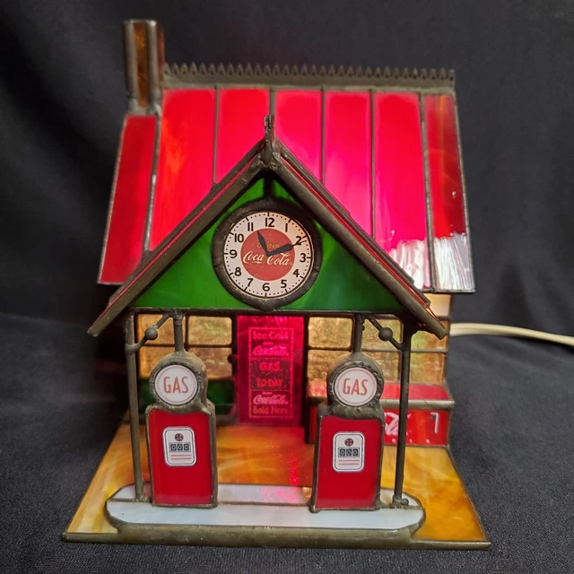 FRANKLIN MINT COCACOLA STAINED GLASS LIGHTED GAS STATION 1997 PERFECT