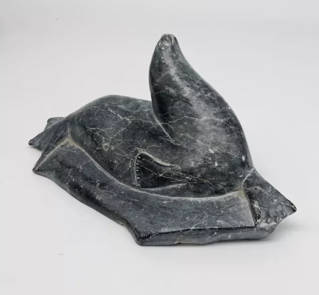 Vintage Inuit soapstone carved seal signed Joe Jr. Eskimo art