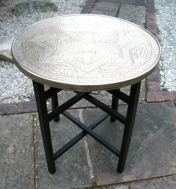 Antique Chinese Ebonised  Folding Side Table With  Brass Covered Top