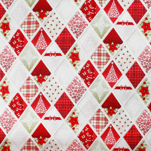 Tessuto al Metro Natale Cotone a Fantasia Natalizia Rombi Alberi Rosso h.280 cm