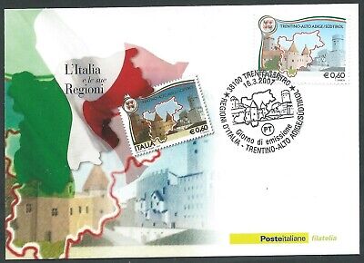 2007 ITALIA CARTOLINA POSTALE FDC REGIONI TRENTINO ALTO ADIGE SUD TIROL BF 