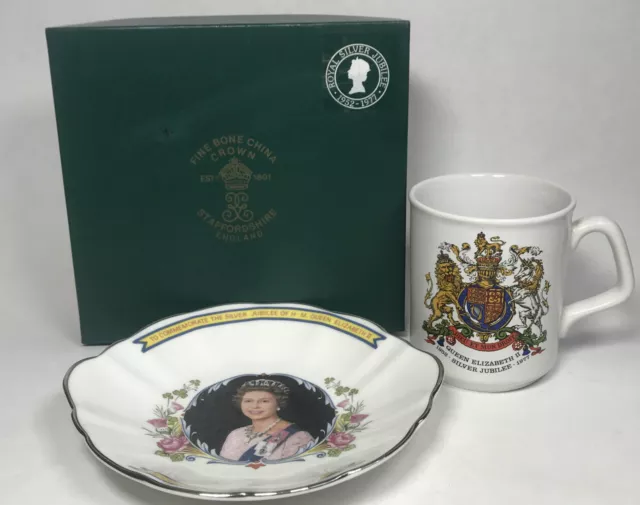 Vintage Queen Elizabeth Silver Jubilee Crown Staffordshire Plate +Mug 1952- 1977