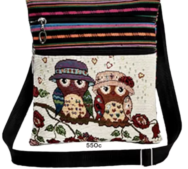 2-Compartment Zippered Embroidered Owl Tote Shoulder/Crossbody Bag (550c) NWT