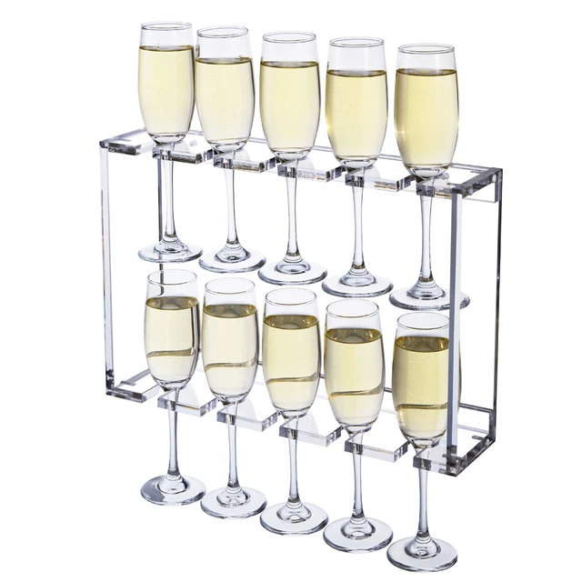 2 Tier Clear Acrylic Wall Mounted Champagne Flute Glasses Holder Display Rack
