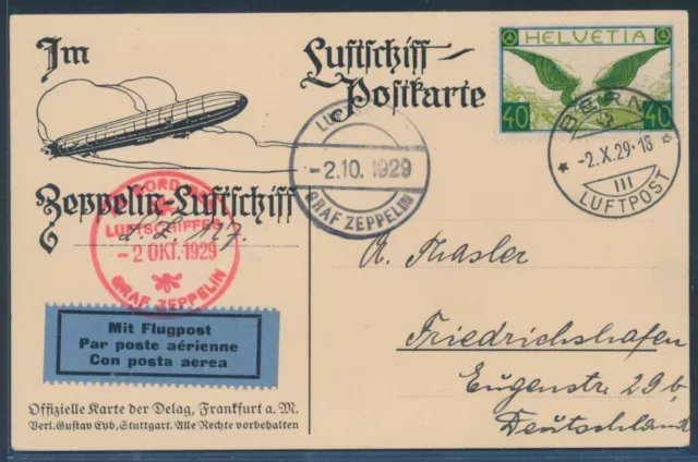 Zeppelin Schweizfahrt 1929 Bordpost DELAG-Karte Crew Postabwurf Bern (S23512)
