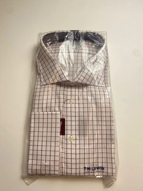 T.M. Camicia Lewin borgogna bianca a scacchi 20"" - 38"" vestibilità regolare doppio polsino NUOVA
