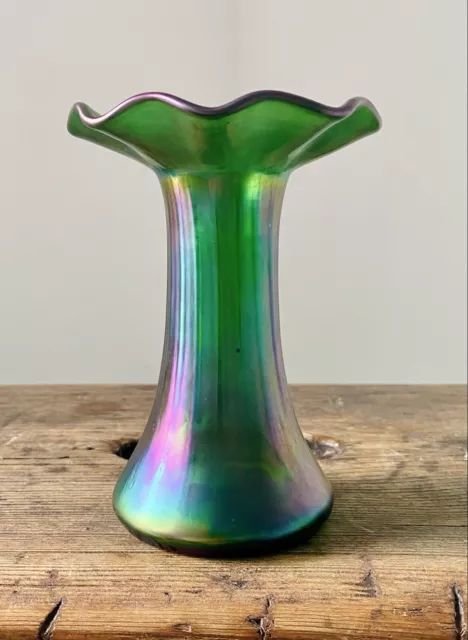 Beautiful Antique Green Glass Flared Iridescent Glass Vase