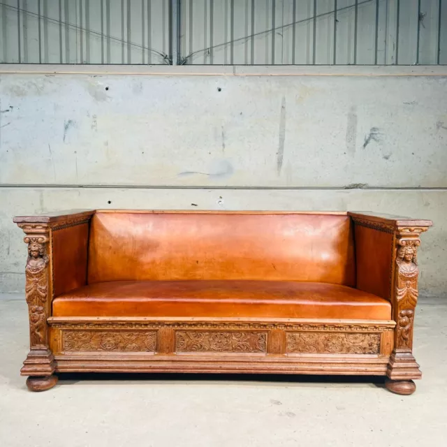 A Stunning Dutch 19th C Carved Oak and Leather Hall Seat Settle Bench #938