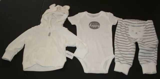 New Carter's 3 Piece Set Boys 9m Hoodie Bear Ears Terry Bodysuit Top Pant Set
