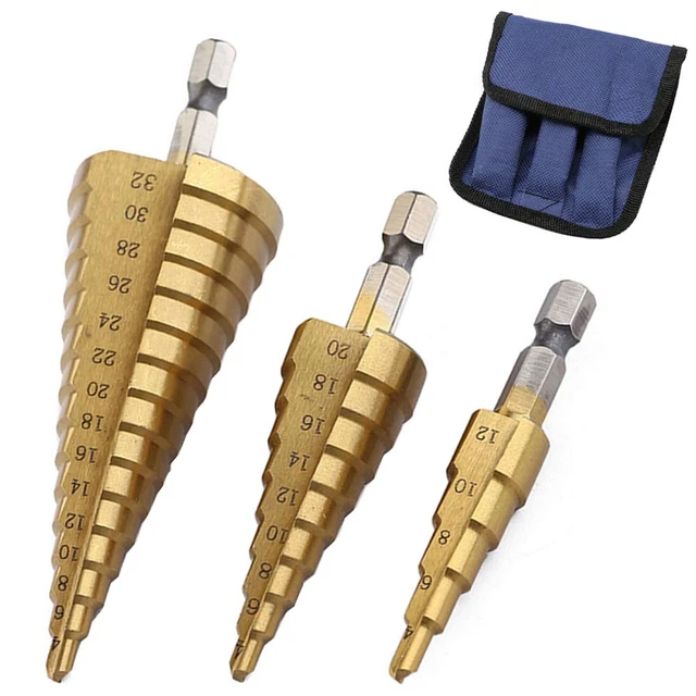 3Pcs HSS Titanium Coated Step Drill Bit Set, 1/4" Hex Shank Quick Change High Sp