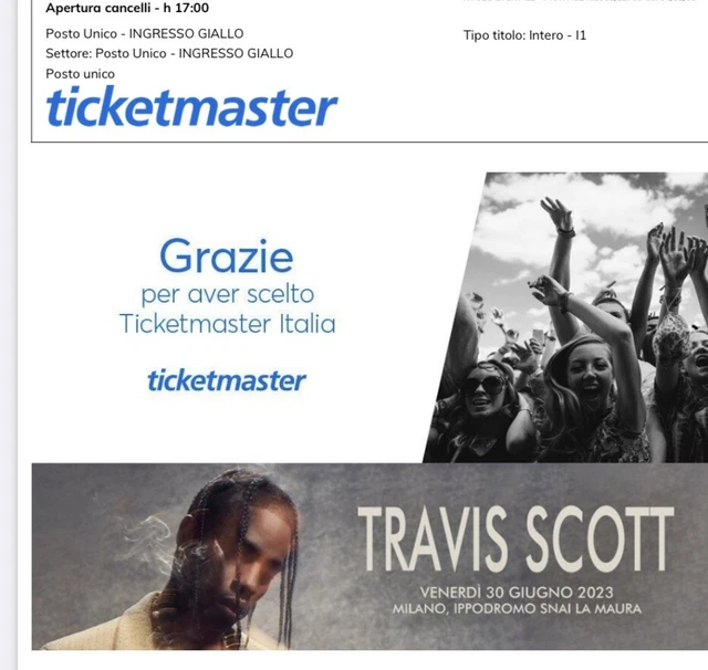 2 Biglietti concerto Travis Scott 30 giugno 2023 Ippodromo SNAI Milano GIALLO