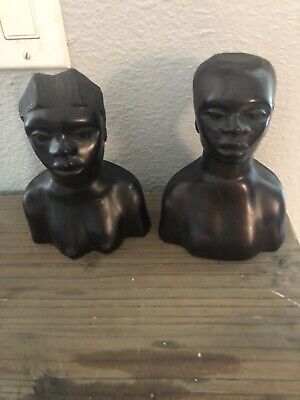 Vintage AFRICAN Woman & Man head busts, Tribal Primitive Folk Art Sculpture