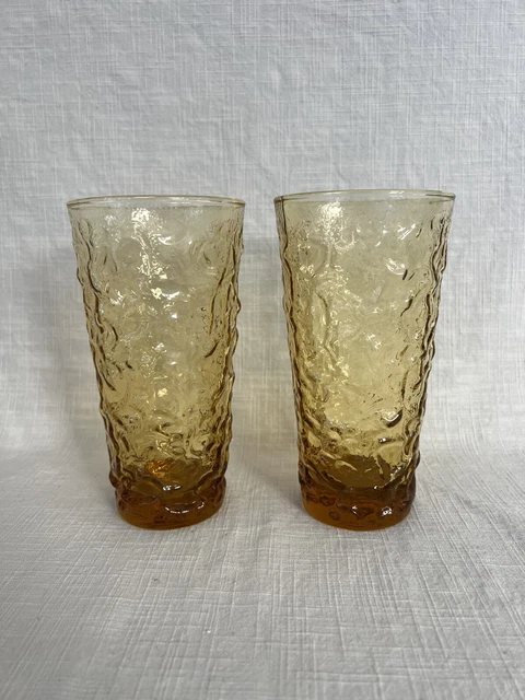 Vintage Anchor Hocking Amber Lido Milano Crinkle 12oz. Tumbler Glasses (2)