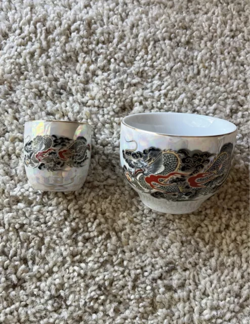 Vintage Asian Dragon Ceramic Sake Rice Condiment Dish Bowl Japan Signed + Cup
