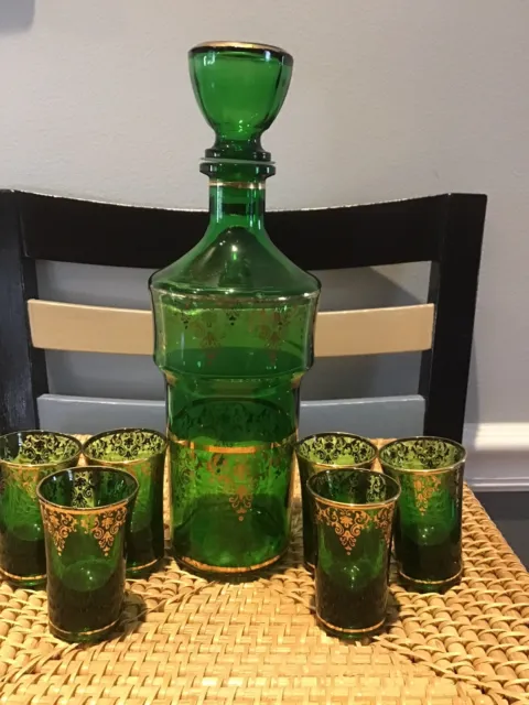 Vintage Handpainted Green Glass Gold Trim Decanter & 6 Cordial Glasses EUC