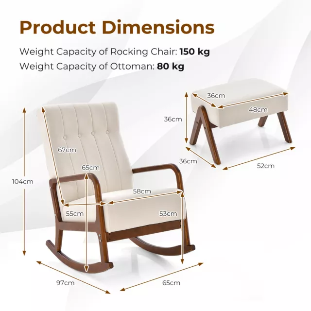 Modern Rocking Chair Upholstered Fabric Rocker Glider Chair with Ottoman 2