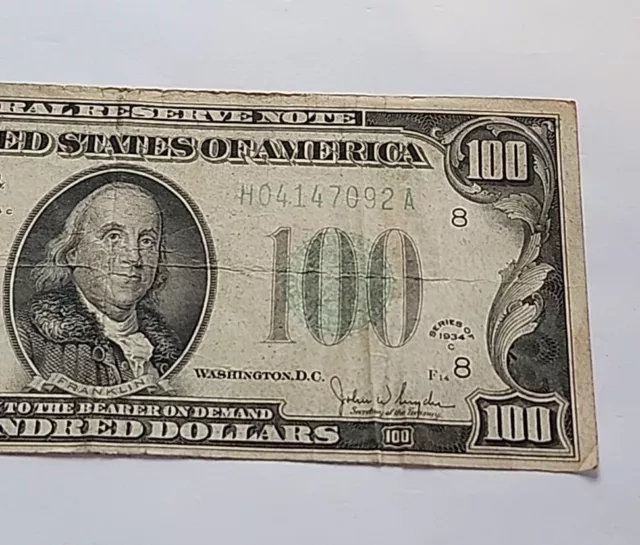 1934-A Series $100 Bill - One Hundred Dollar - Philadelphia - Vintage Currency 3