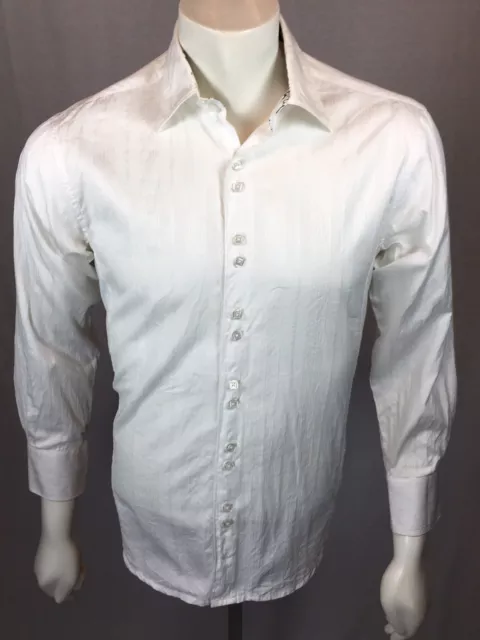 Men's Enzo Denim Medium Solid White Silver Cuff Flora Pattern L/S Shirt