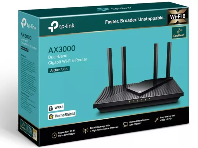 TP-Link Archer AX55 AX3000 Dual Band Gigabit Wi-Fi 6 Router OneMesh Wireless 3