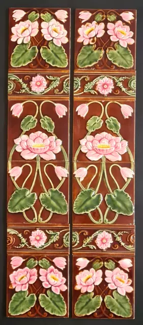 Art Nouveau Set Of Ten Fireplace Tiles Floral Design Corn Brothers  C1900