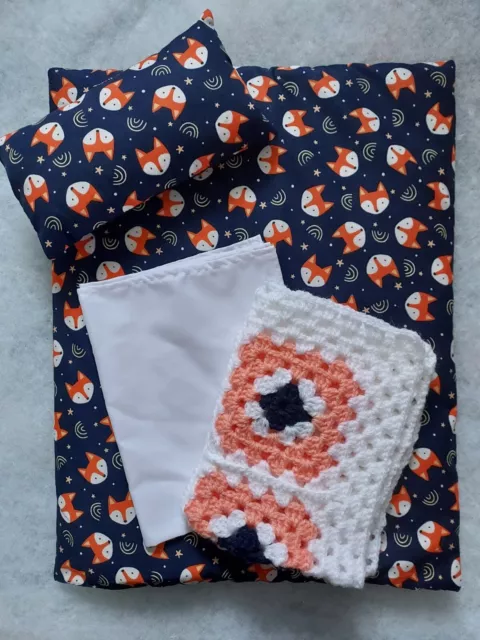 *New Design* Dolls Pram Blanket and Pillow 4 piece bedding set Quilt/Duvet - Fox