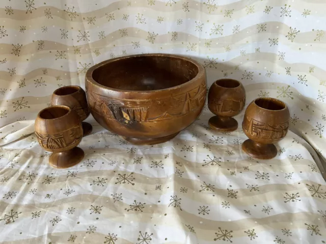 Vintage Monkey Pod Wood Hand Carved Punch Bowl and 4 footed Goblets.